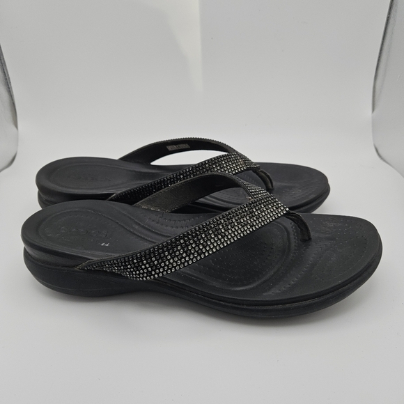 CROCS Shoes - Crocs black and silver comfy flip flop sandals women's 10